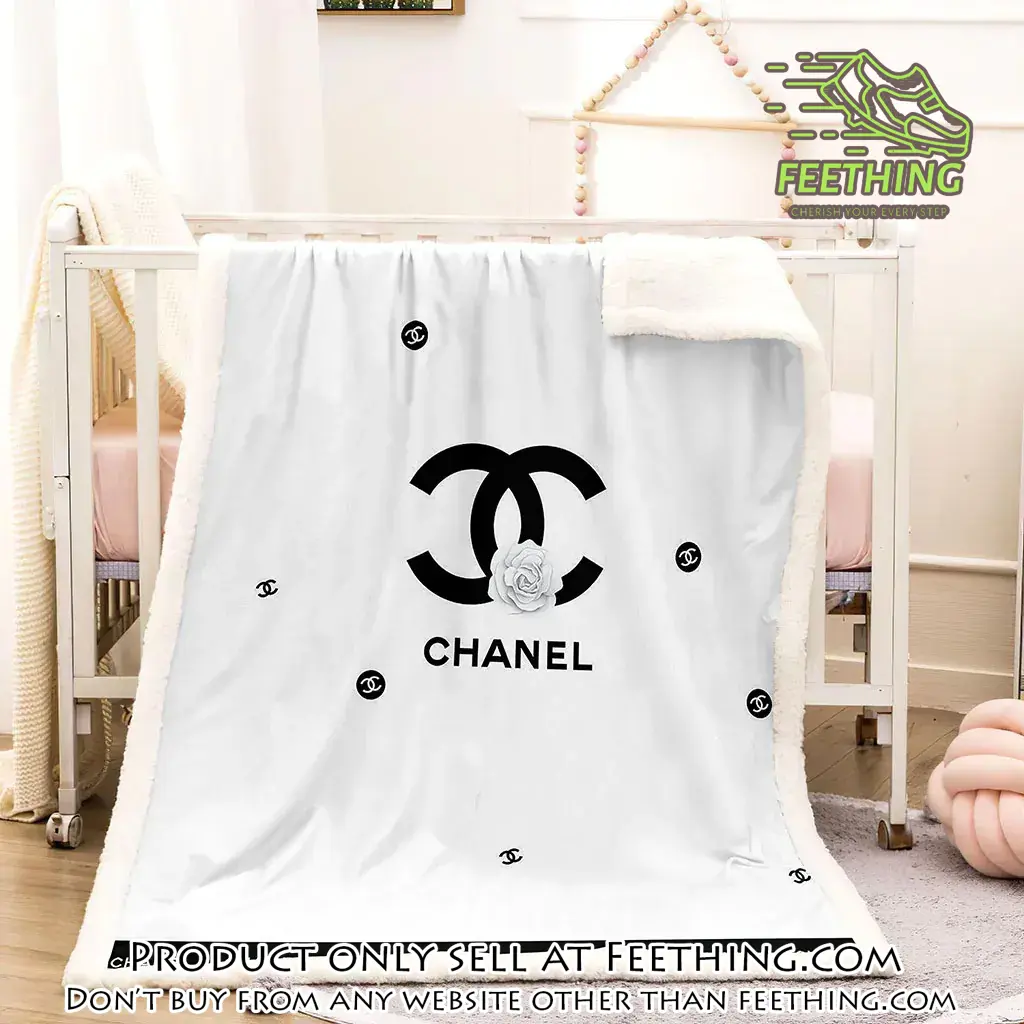 Chanel white roses black logo luxury brand premium blanket fleece home decor ft3448646